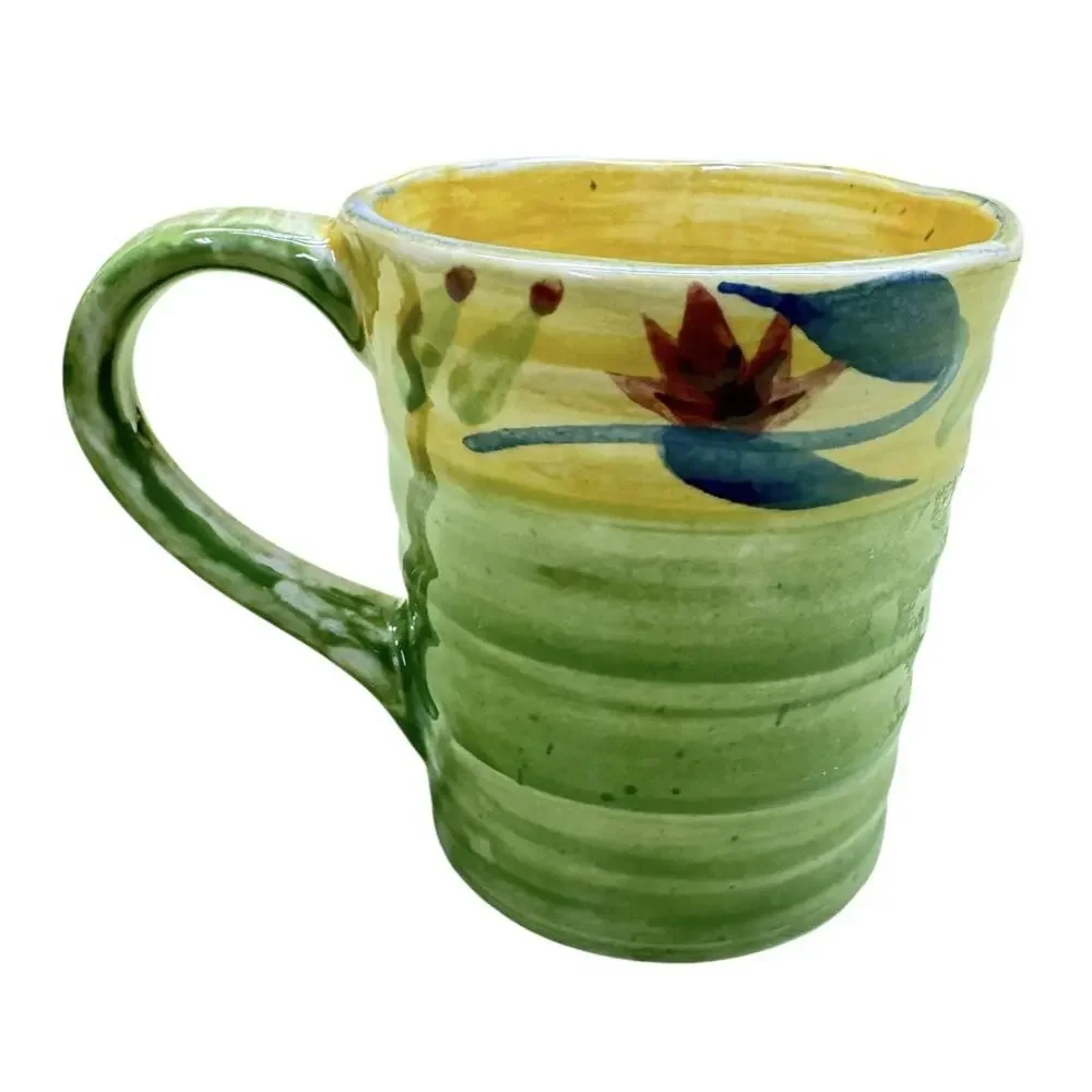 Pier 1 Elizabeth Mug Set of 2 Floral Handpainted Stoneware Green Floral 16 oz